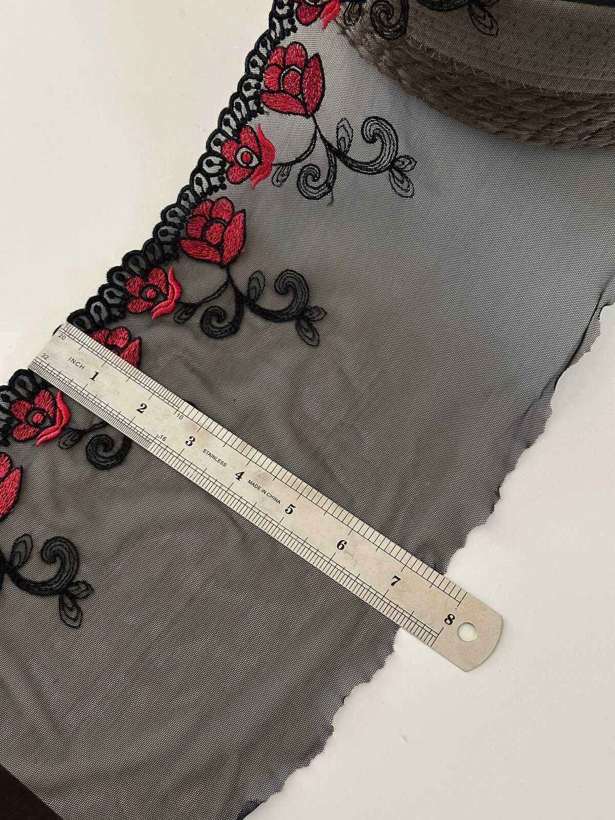 7.5"  Red Black Embroidered Soft Mesh Lace, Wide Ribbon, Bulk Clearance Coquette Y2K Lace, Lingerie, DIY Sewing, Retail Wholesale