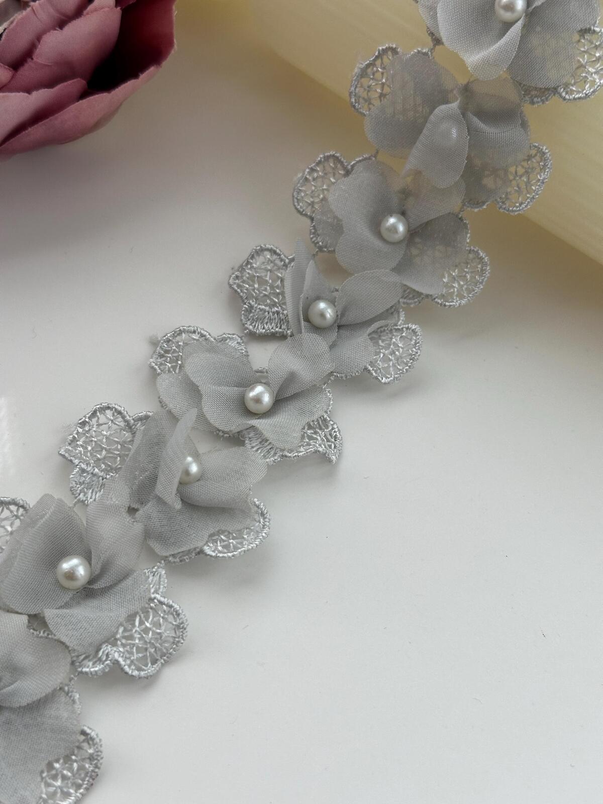 2Yds Non-Stretch 1.8" Grey 3D Chiffon Flower Beaded Pearl Lace Trim Wholesale