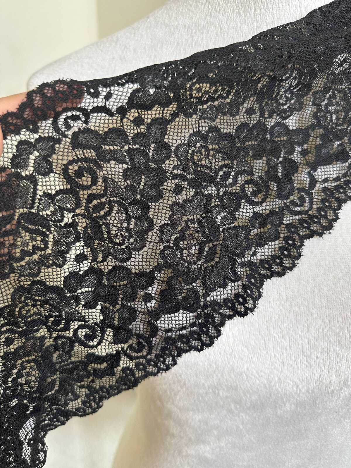 6 Inches Wide Black Elastic Lace Ribbon, Soft Floral Stretch Lace Trim for Lingerie Sewing, Costume Paneling, Bows, Crafts by the Yard