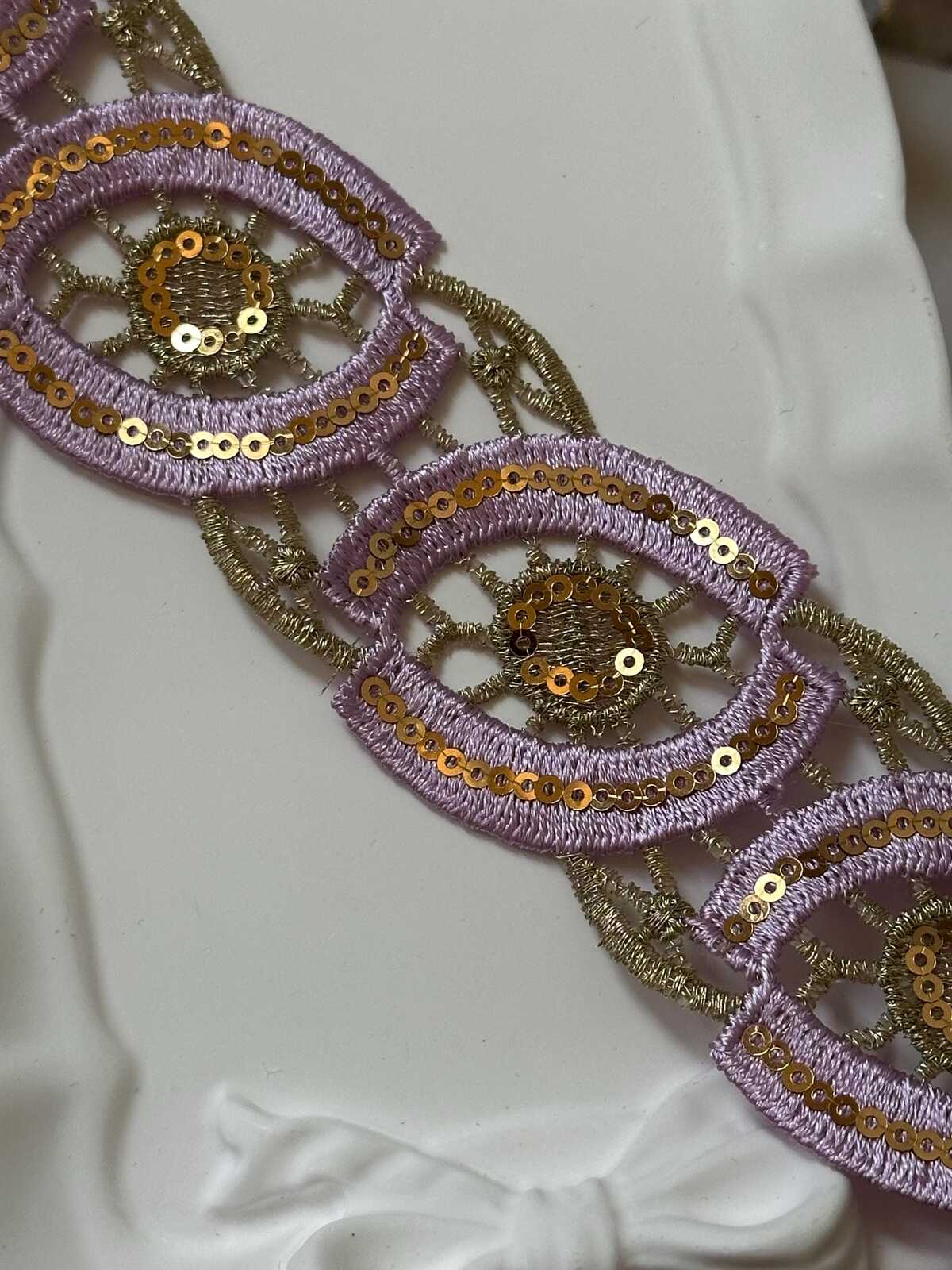 Lavender Gold Sequin Guipure Water Soluble Lace Trim Metallic Ribbon, Coquette Craft Supply, 1.5", Retail Wholesale Bulk