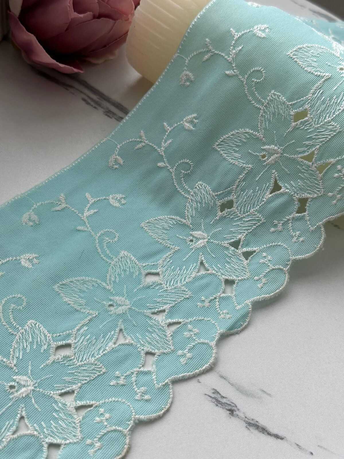 1Yd Non-Stretch 4.5" Aqua Mint Green Floral Embroidered Cotton Lace Wholesale