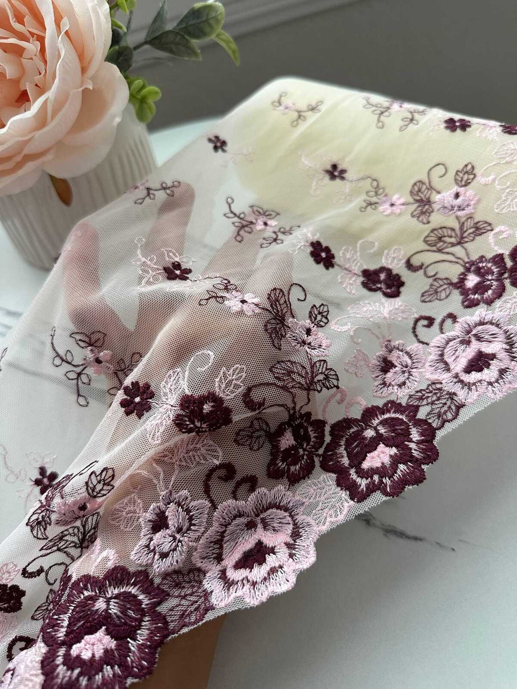 1Yd Non-Stretch 9.3" Burgundy Pink Floral Embroidered Mesh Lace Trim Wholesale