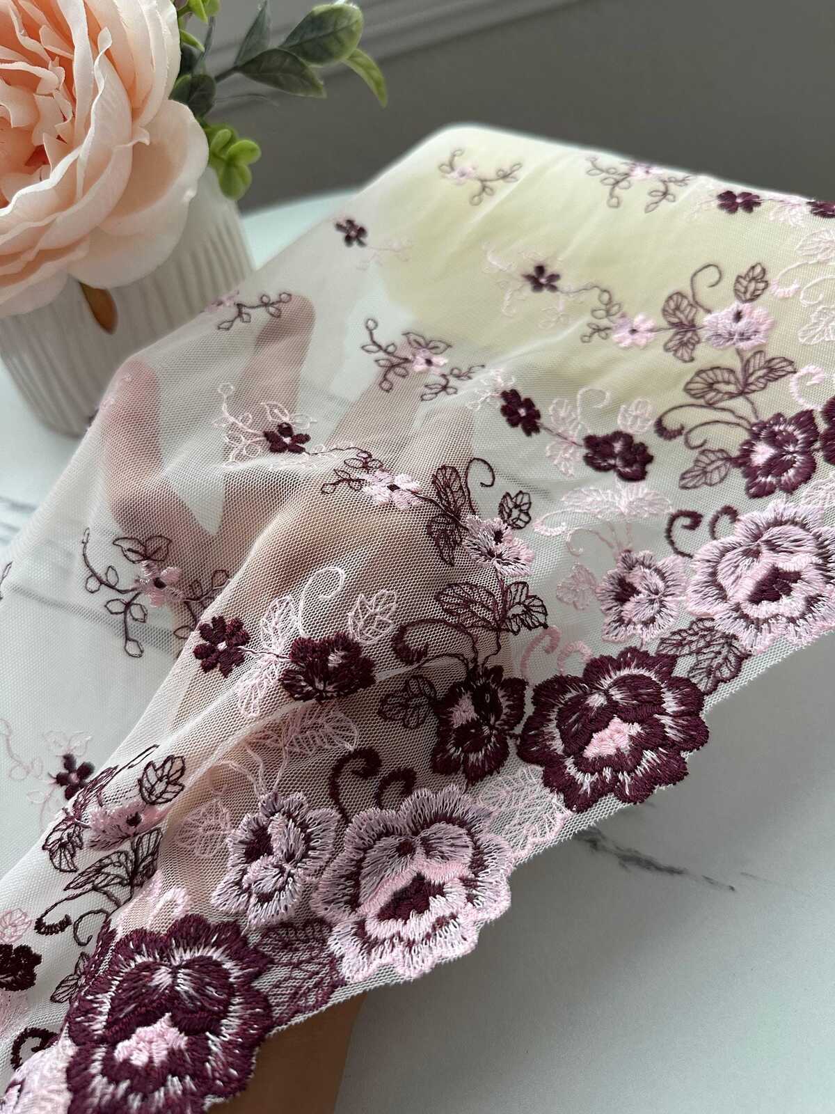 1Yd Non-Stretch 9.3" Burgundy Pink Floral Embroidered Mesh Lace Trim Wholesale