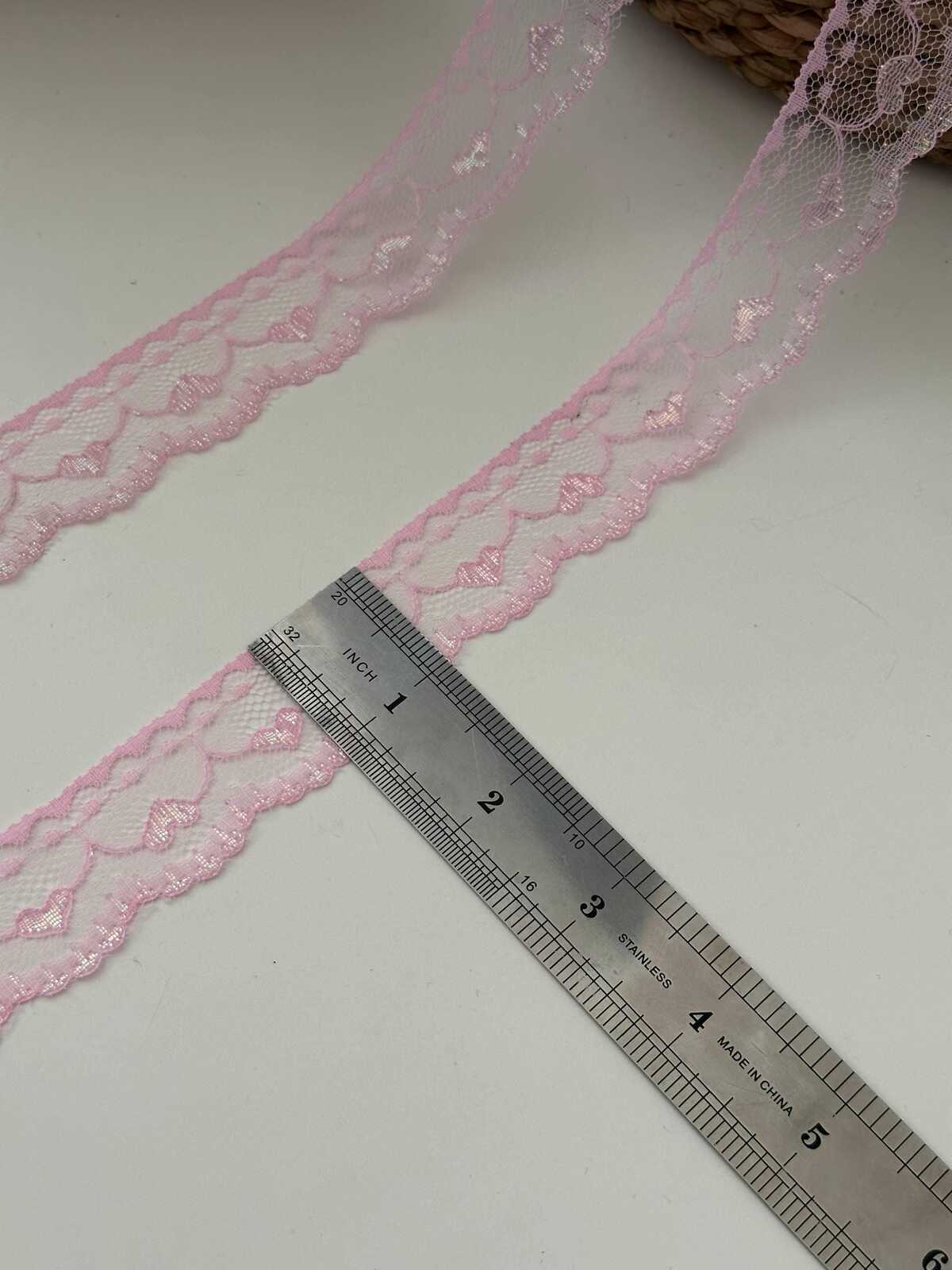 10yds Pink Heart Lace Trim, 1" Non-Stretch Ribbon, Bulk Clearance Coquette Y2K Lace, Garment Trim, DIY Sewing, Retail Wholesale