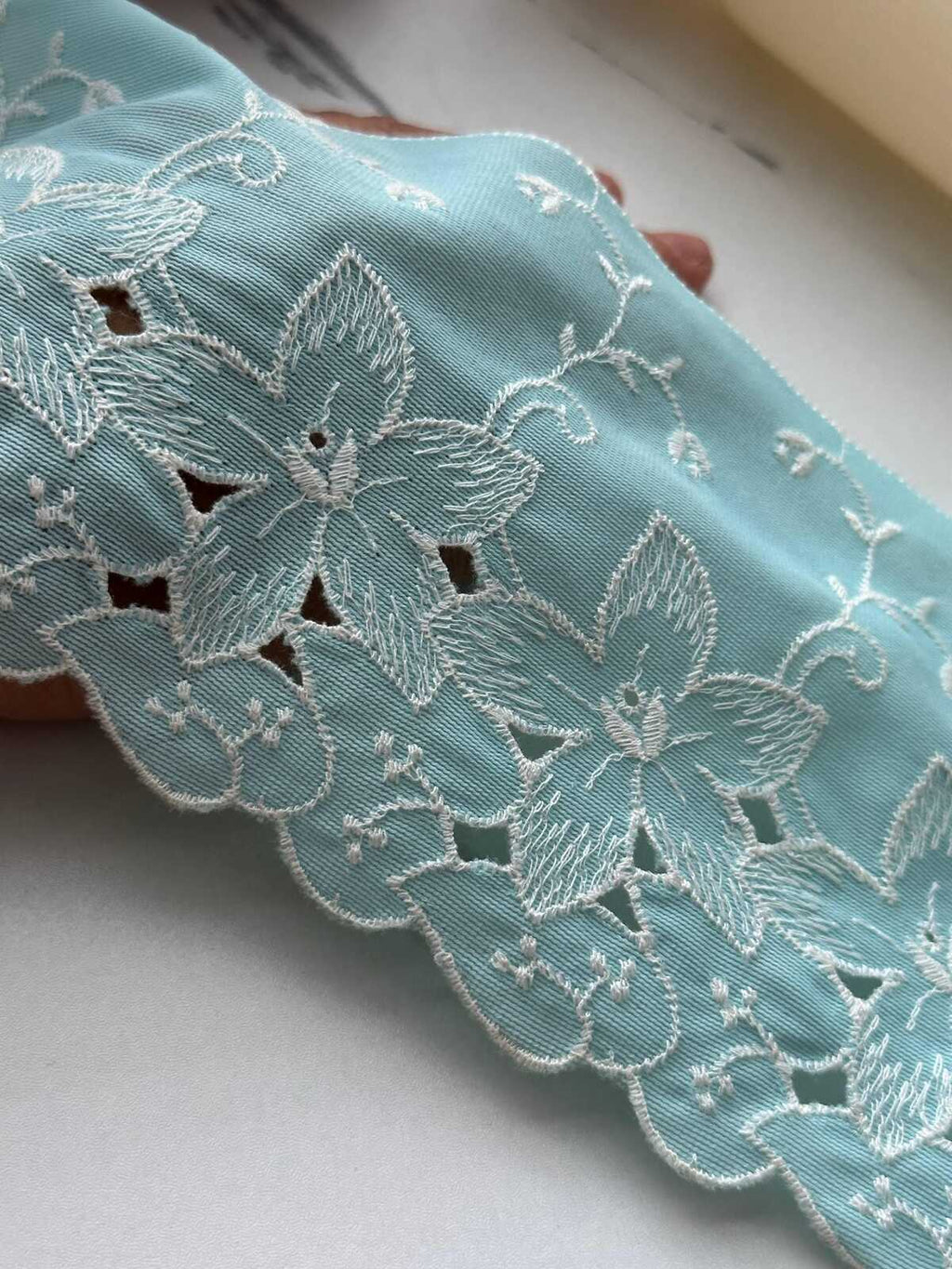 1Yd Non-Stretch 4.5" Aqua Mint Green Floral Embroidered Cotton Lace Wholesale
