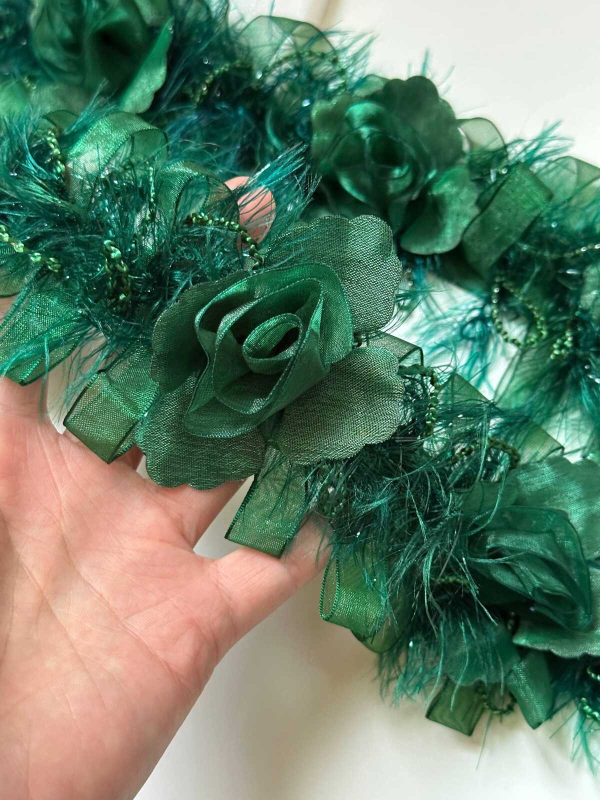 Emerald Green 3D Organza Rose Feather Beaded Trim, Wide Ribbon Garland, Coquette Craft Supply, 3", Retail Wholesale Bulk
