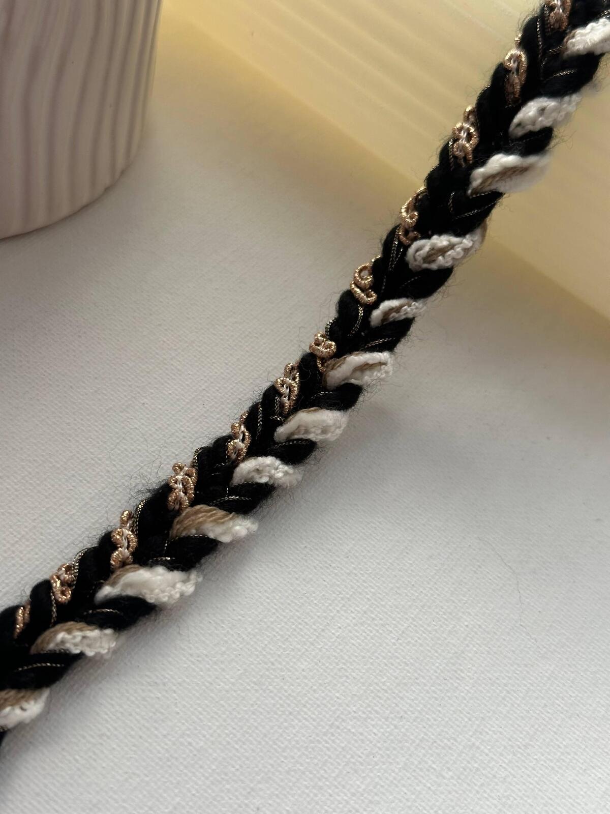 3Yds Non-Stretch 0.6" Black Off-White Gold Braided Tweed Ribbon Trim Wholesale