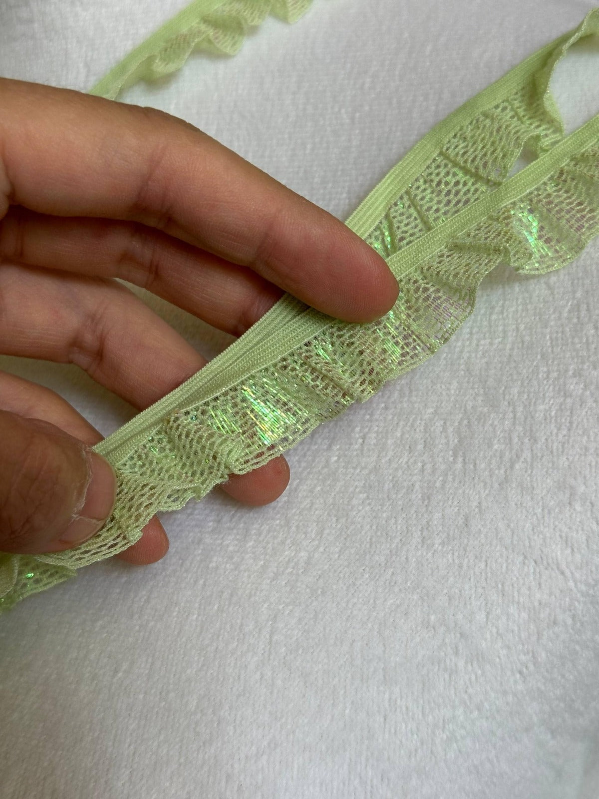 10yds 0.75 Inch Shimmer Elastic Ruffle Trim, Green Ruched Stretch Lace for Sewing, Y2K & Coquette Crafts Retail Wholesale