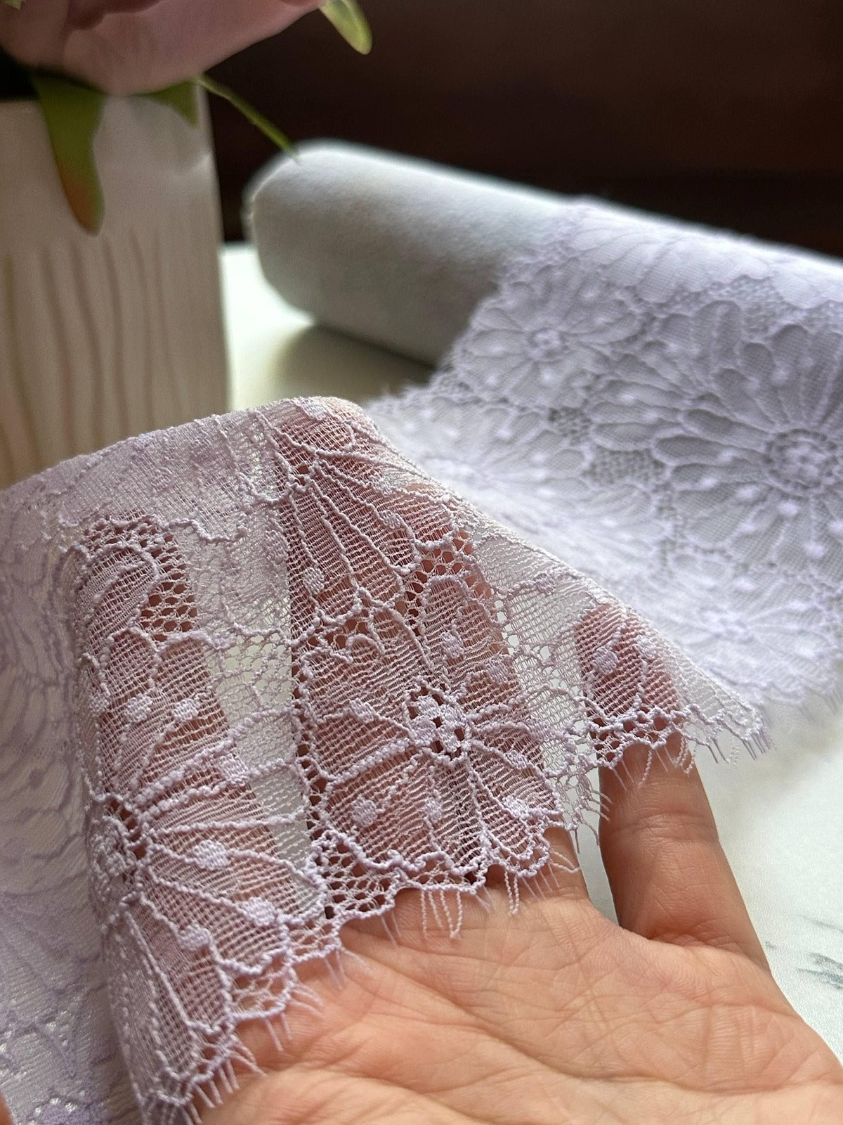 Dusty Lavender Daisy Stretch Eyelash Lace Trim by the Yard, Wide Floral Scalloped Ribbon for Lingerie Bridal, 4.5"