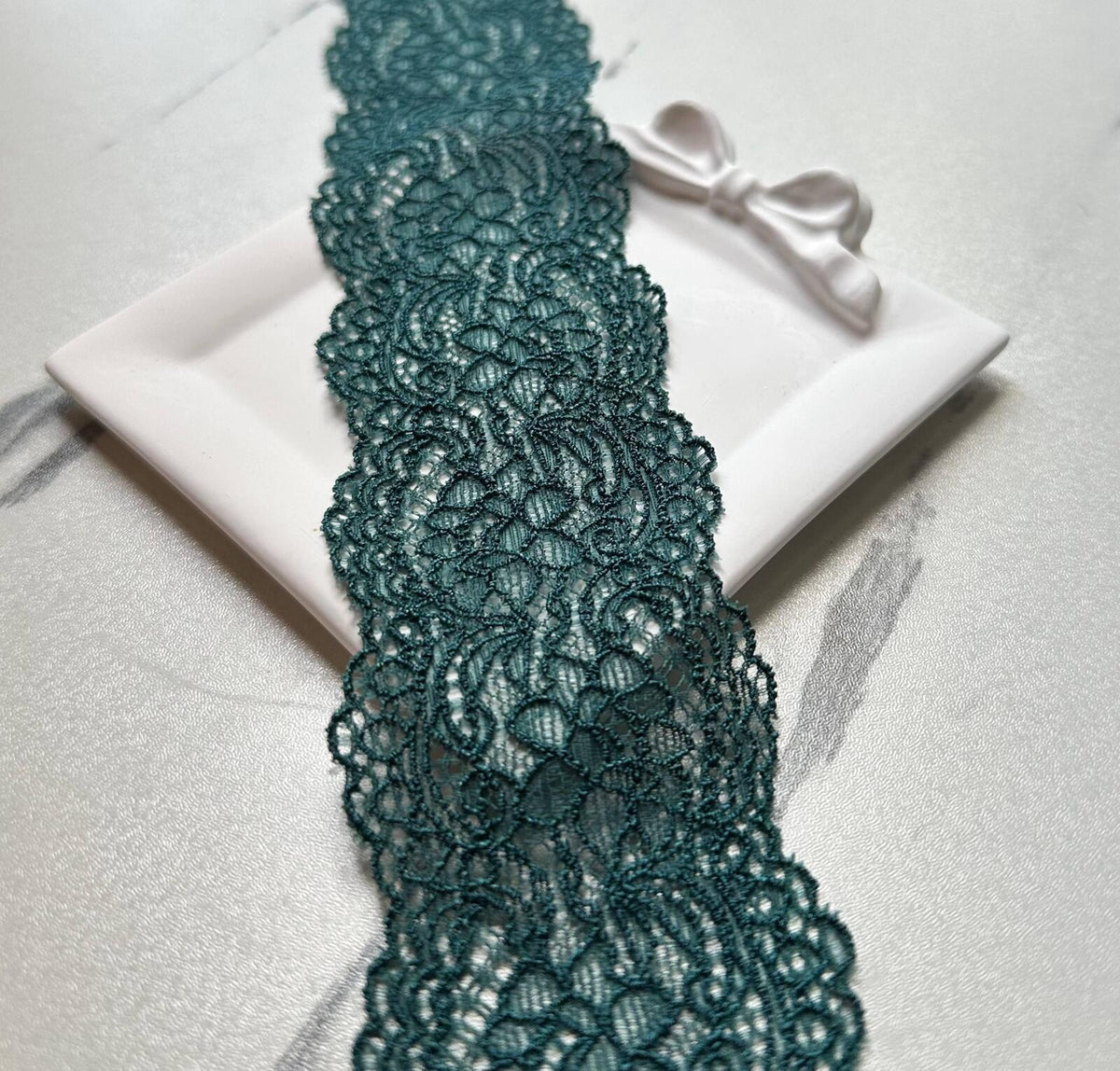 10yds Deep Forest Teal Green Floral Stretch Elastic Lace Trim Symmetrical Double Scalloped  Ribbon for Lingerie Crafts Sewing 1.85"
