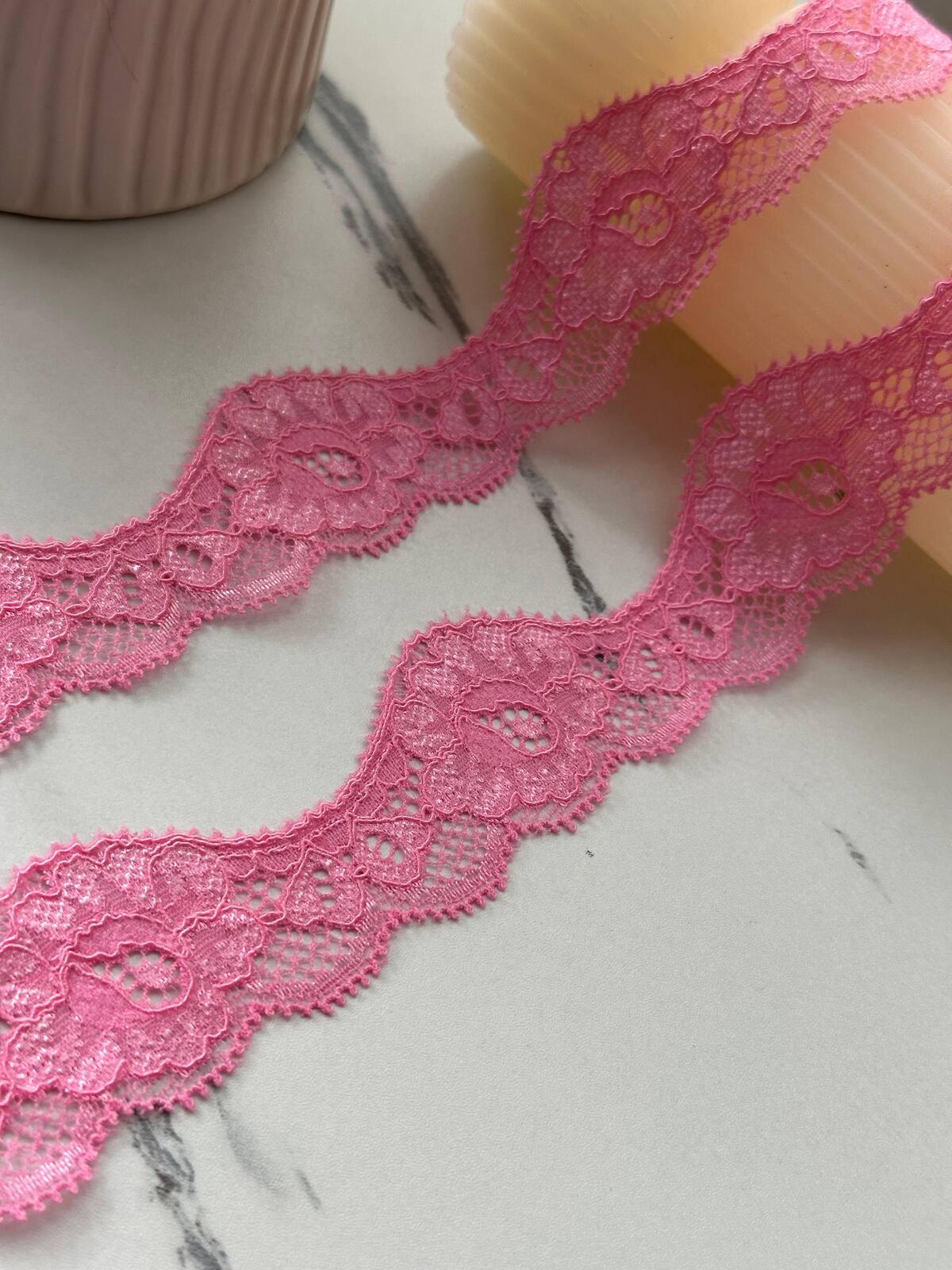 10Yds Stretch 1.4" Pink Wavy Scalloped Floral Stretch Lace Trim Wholesale