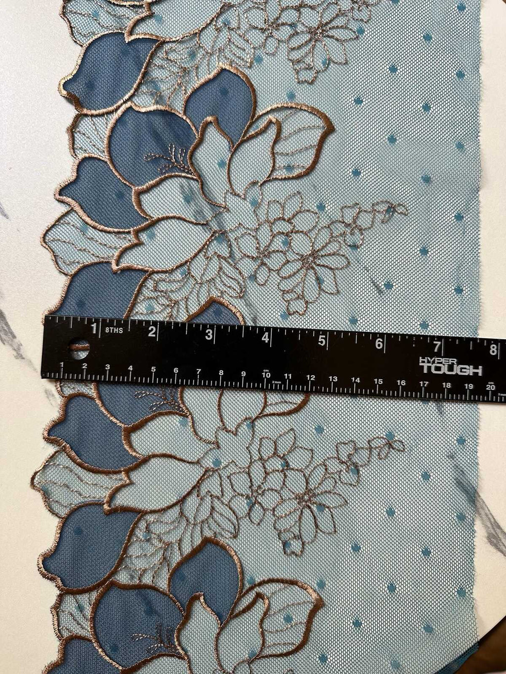 7.65" Peacock Blue Gold Lace Trim Wide Embroidered Floral Swiss Dot Mesh Single Scalloped Edge Lace for Lingerie Garment Sewing Crafts