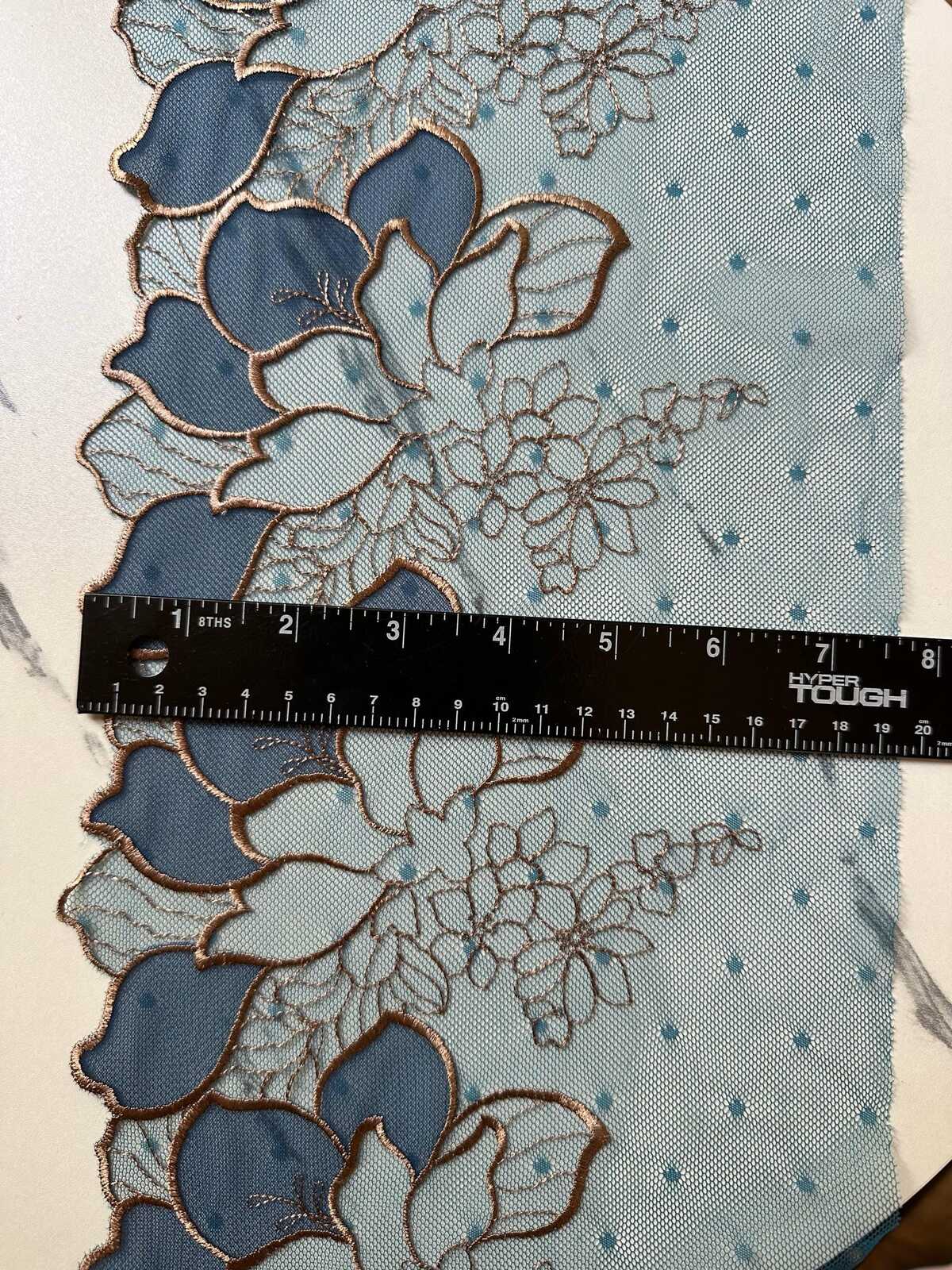 7.65" Peacock Blue Gold Lace Trim Wide Embroidered Floral Swiss Dot Mesh Single Scalloped Edge Lace for Lingerie Garment Sewing Crafts