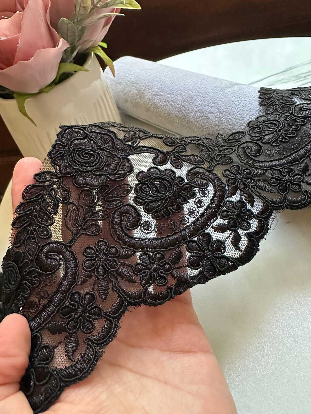 Black Corded Alencon Lace Trim by the Yard, Wide Bridal Lace Supply for Wedding Dress Couture Gowns Evening Veil Edge, 5" Max Width