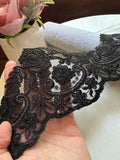Black Corded Alencon Lace Trim by the Yard, Wide Bridal Lace Supply for Wedding Dress Couture Gowns Evening Veil Edge, 5" Max Width