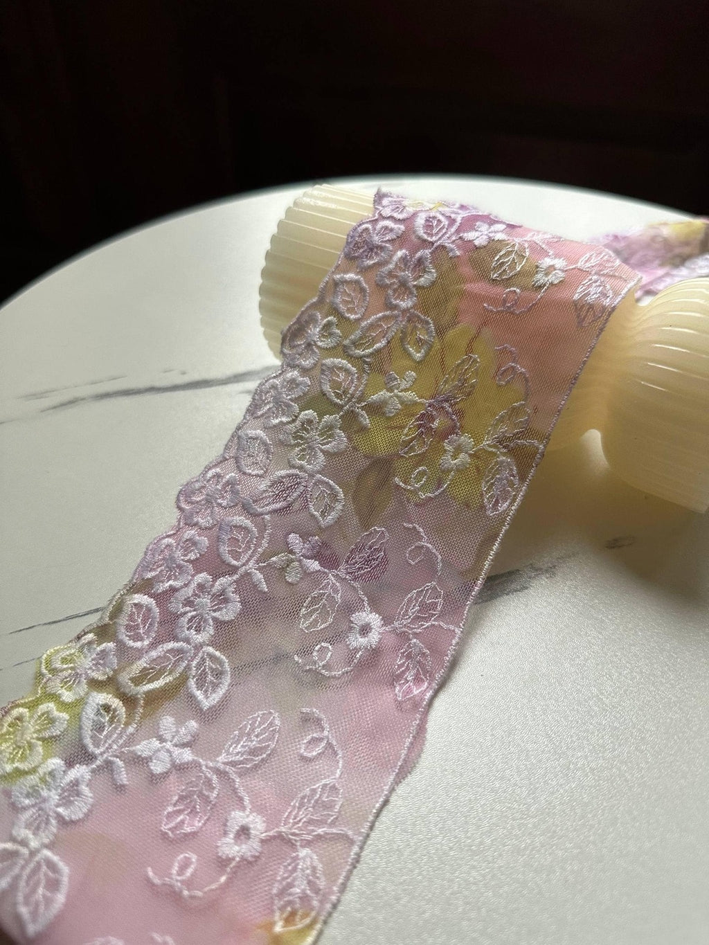 Gradient Floral Embroidered Mesh Tulle Lace Trim Single Scalloped Pink Yellow Purple Non Stretch Ribbon for Gowns Lingerie Crafts, 3"