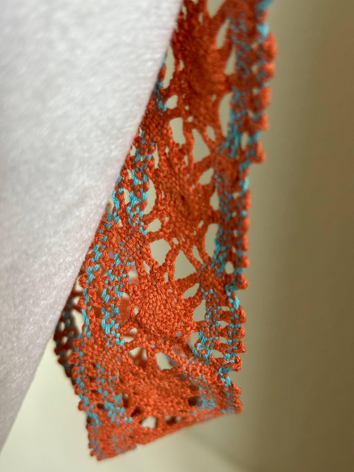1.5" Crochet Cotton Lace Trim Rust Orange & Teal, Two Tone Geometric Non-Stretch Ribbon for Cottagecore Sewing, Boho Folk Costume  by Yard