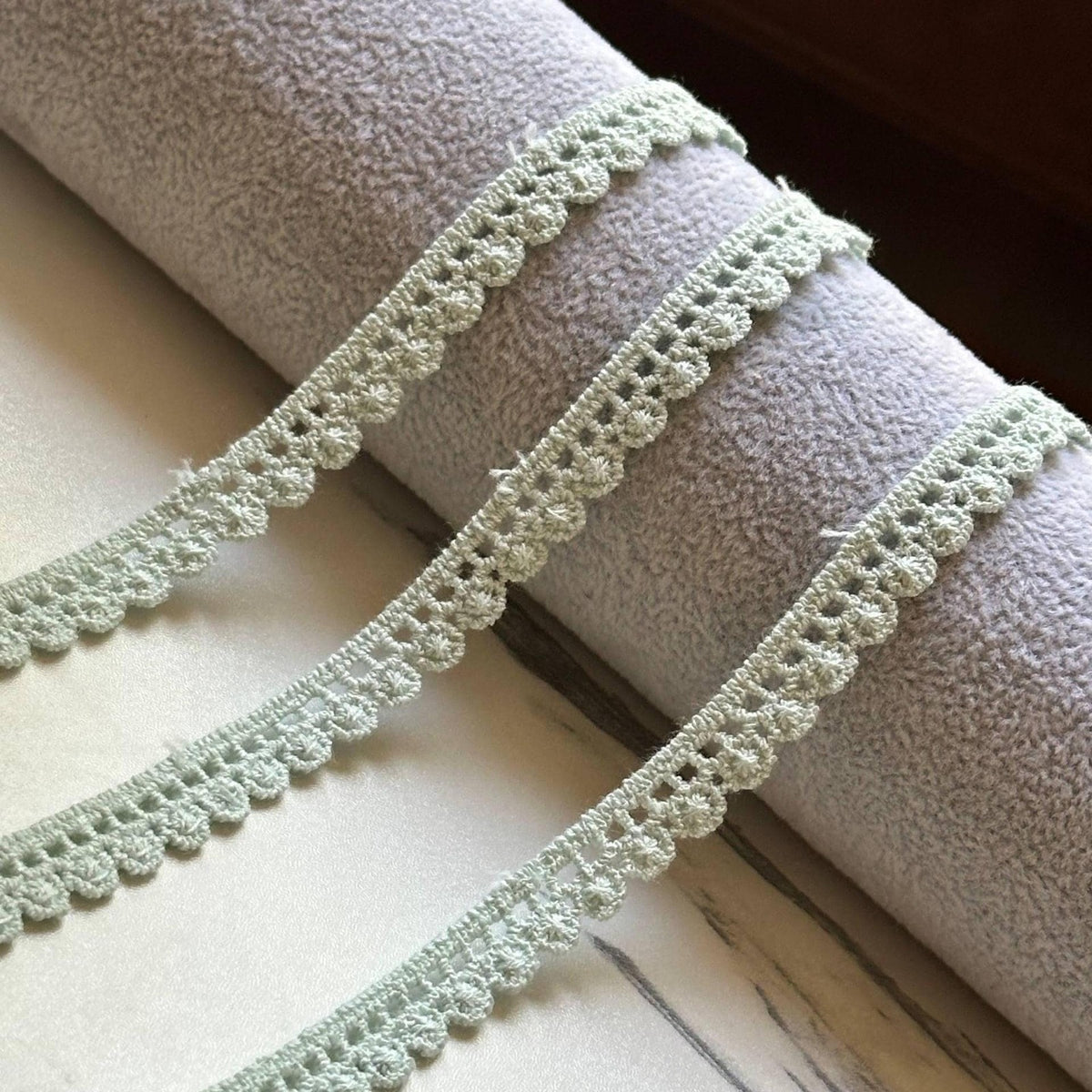 10yds Soft Sage Green Cotton Crochet Flower Lace Trim by the Yard, Narrow Floral Scalloped Ribbon for Crafts, 0.35", Retail Wholesale Bulk