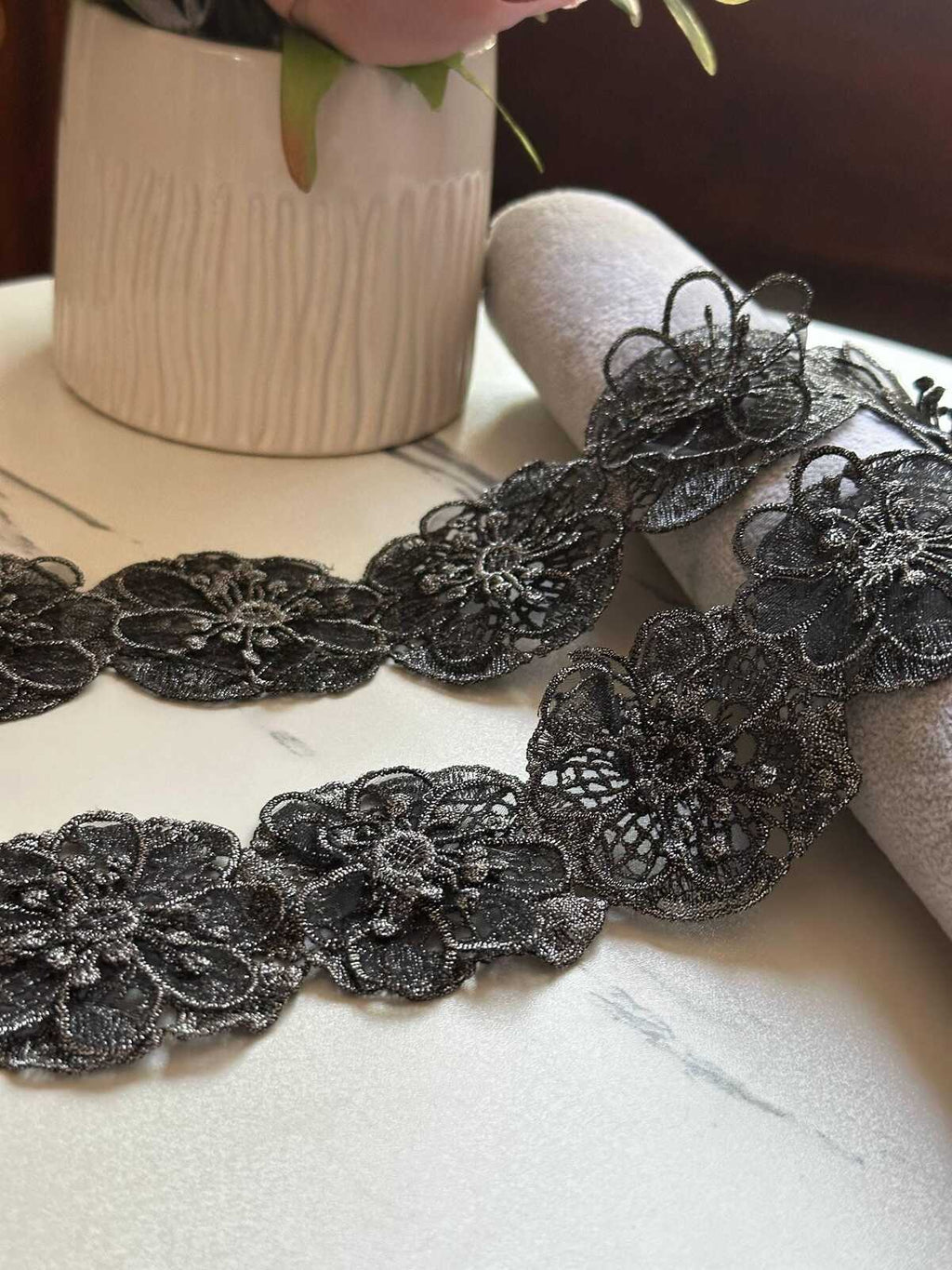 Black Silver Metallic 3D Floral Guipure Lace Trim by the Yard, 3D Flower Embroidered Ribbon for Evening Gowns, 2"