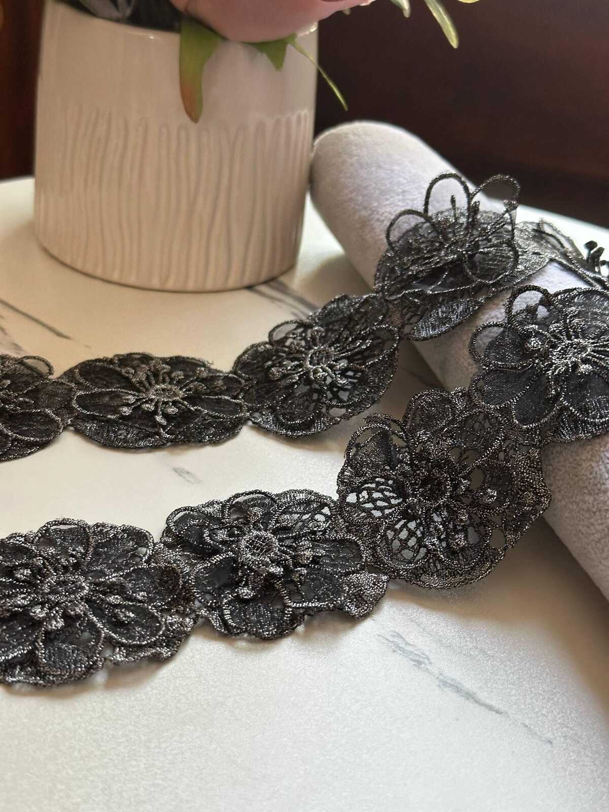 Black Silver Metallic 3D Floral Guipure Lace Trim by the Yard, 3D Flower Embroidered Ribbon for Evening Gowns, 2"
