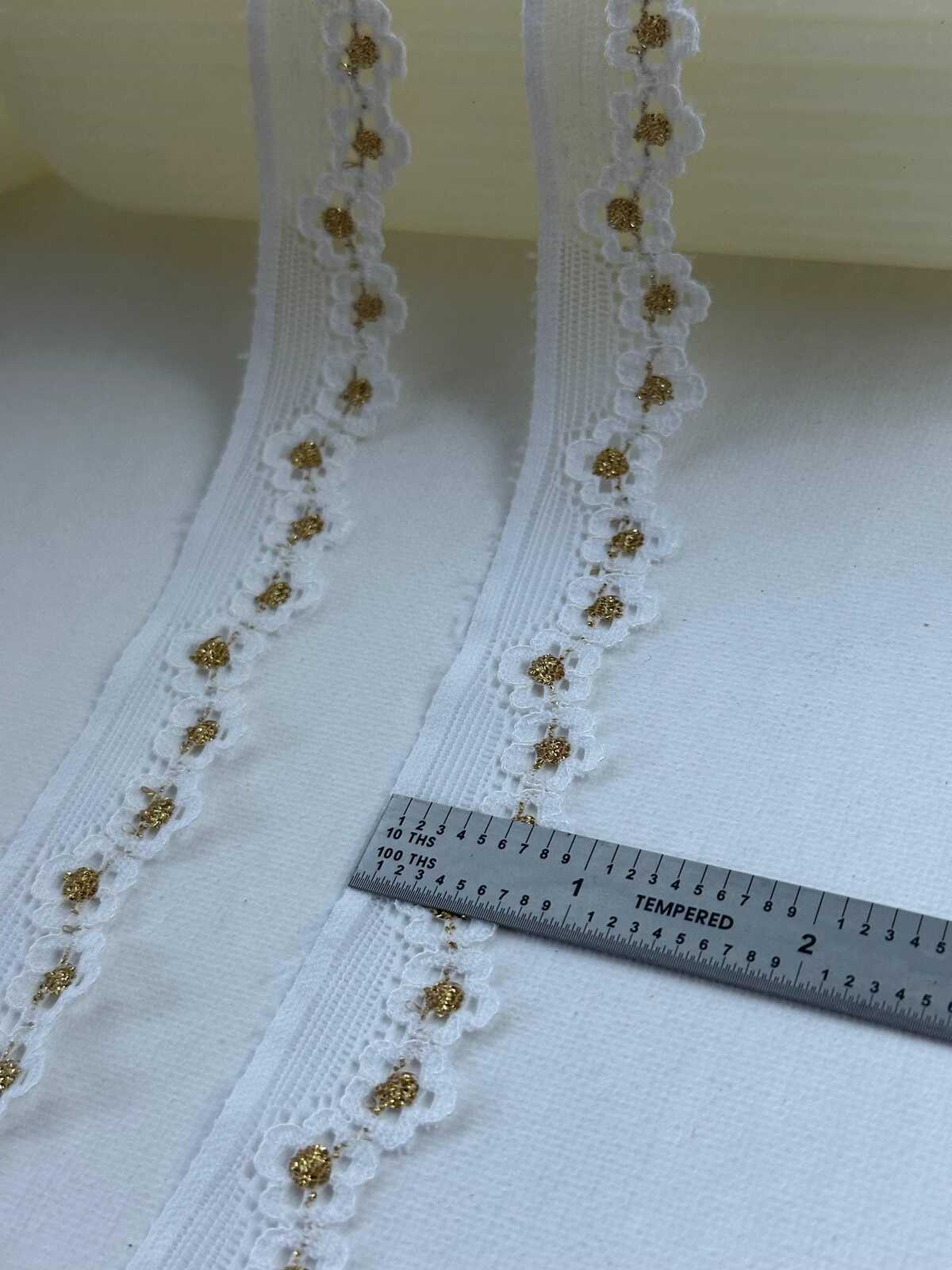 10Yds Stretch 0.9" White Gold Metallic Floral Scalloped Stretch Lace Wholesale