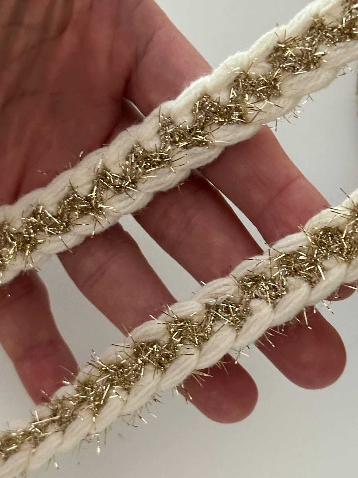 10yds Cream Gold Braided Trim, 0.5" Metallic Ribbon, Bulk Clearance Coquette Y2K Lace, Tweed Trim, DIY Sewing, Retail Wholesale