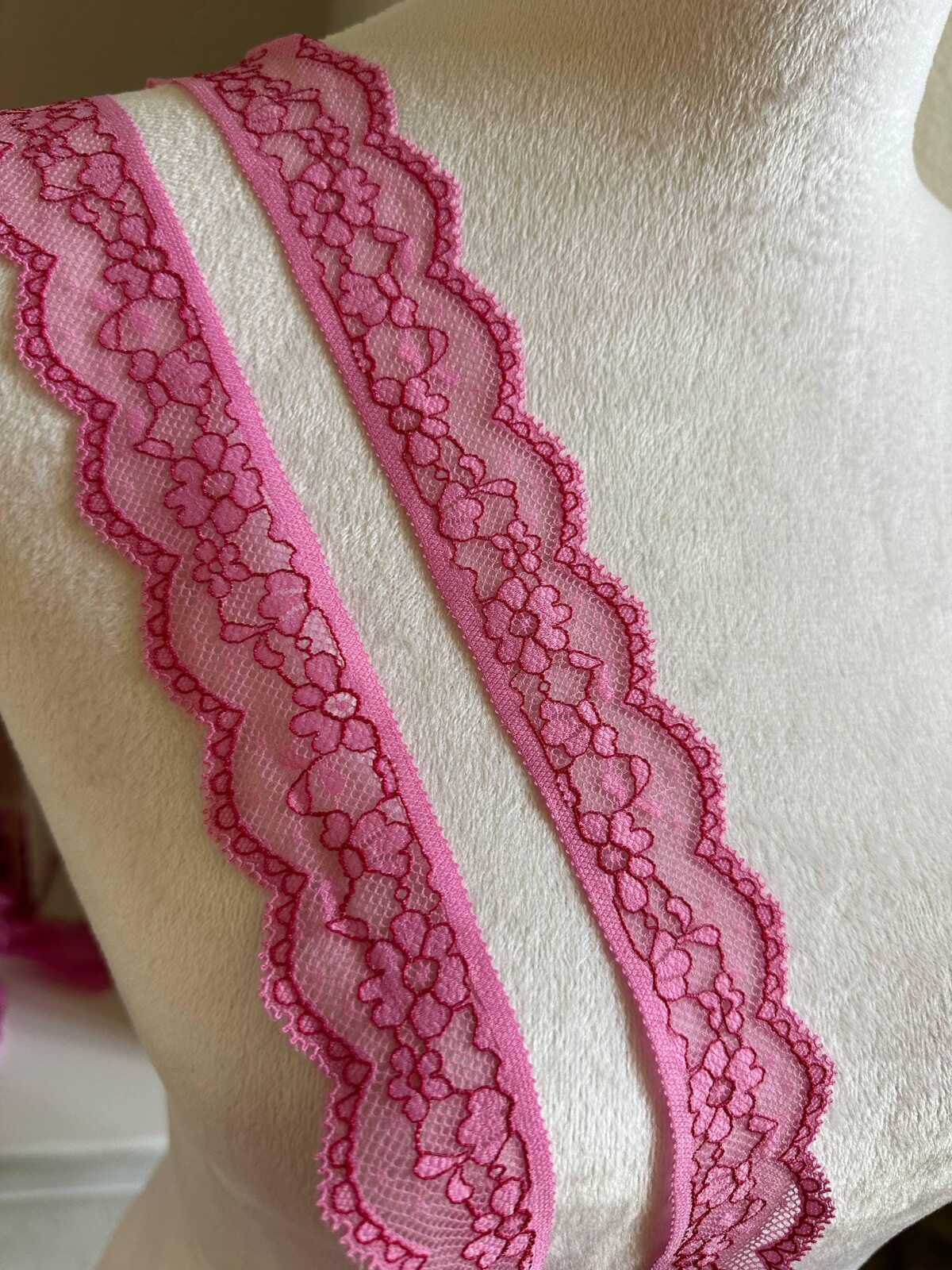 10yds 1.25" Pink Stretch Lace Trim Insertion Beading Floral Ribbon Elastic Lace Fuchsia Outline for Lingerie Underwear Garment Sewing