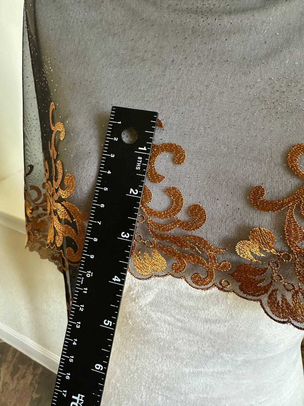 Glitter Gold Soft Mesh Embroidered Trim, Heavy Scalloped Floral Lace Fabric, 4 Inch Embroidery Border for Lolita Dress Ruffle, By The Yard