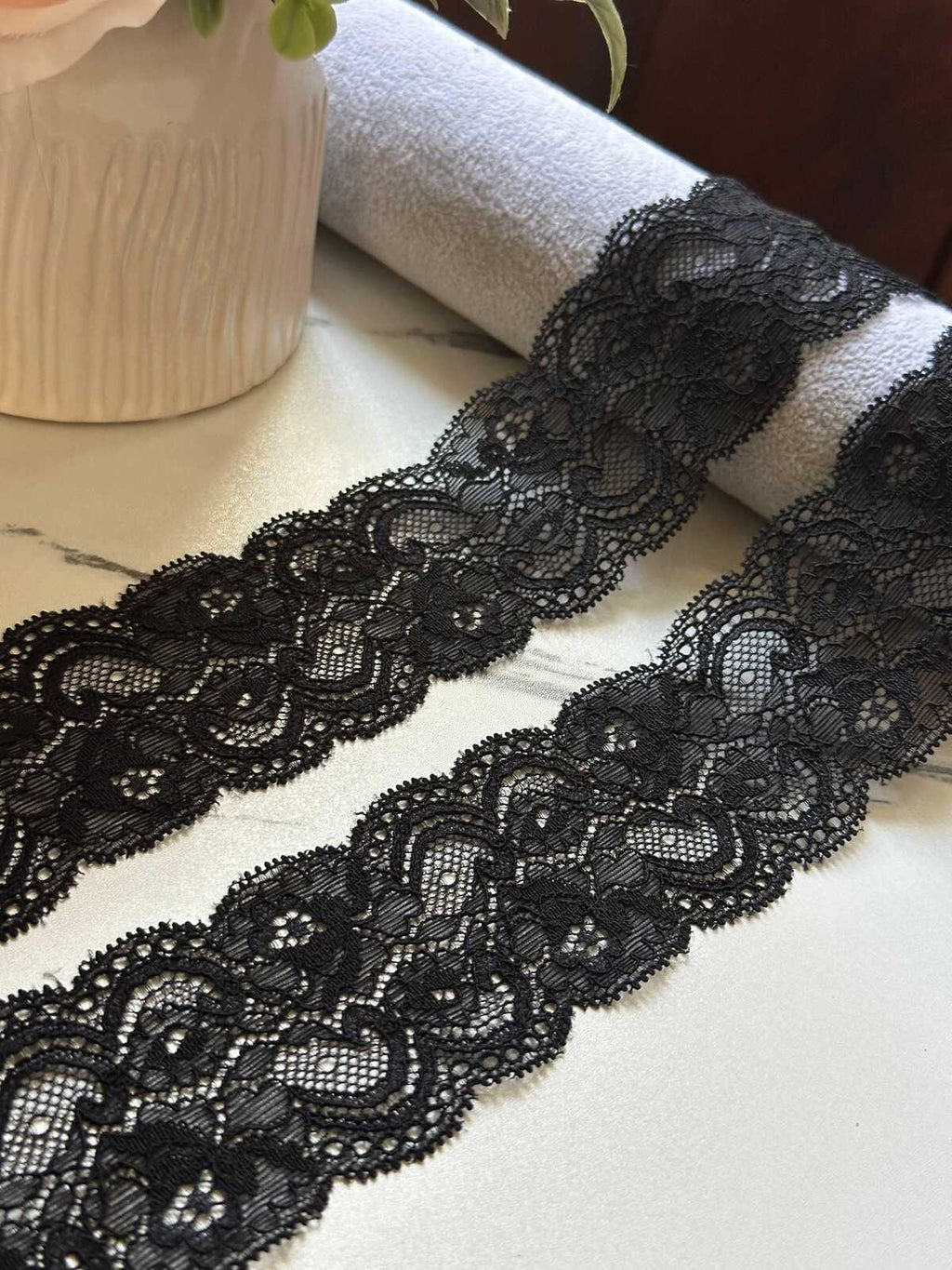 Black Floral Stretch Lace Trim, 2" Elastic Ribbon, Bulk Clearance Coquette Y2K Lace, Lingerie Lace, DIY Sewing, Retail Wholesale