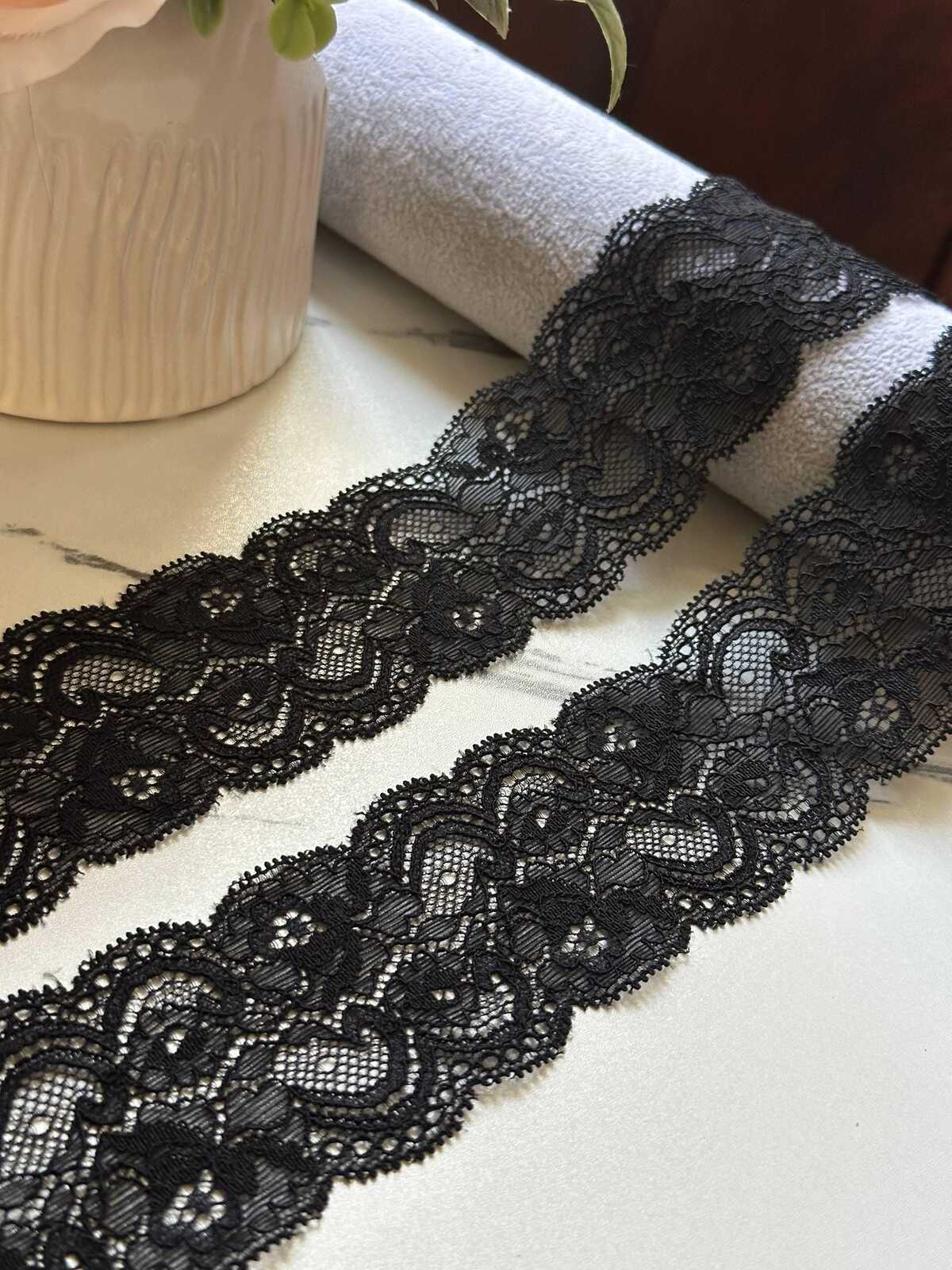 Black Floral Stretch Lace Trim, 2" Elastic Ribbon, Bulk Clearance Coquette Y2K Lace, Lingerie Lace, DIY Sewing, Retail Wholesale
