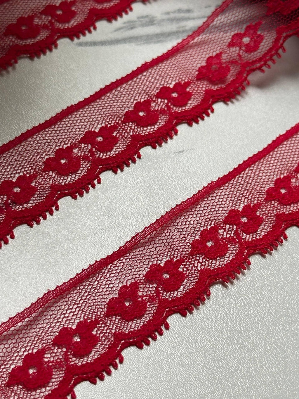 10yds Ultra Soft Crimson Red Floral Eyelash Non-Stretch Mesh Lace Trim by the Yard, Narrow Scalloped Tulle Ribbon, 1", Retail Wholesale Bulk