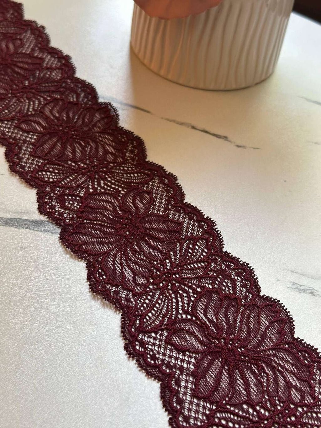 Burgundy Wine Red Floral Stretch Lace Trim by the Yard, Scalloped Elastic Ribbon for Coquette Lingerie Apparel Crafts, 2.8"