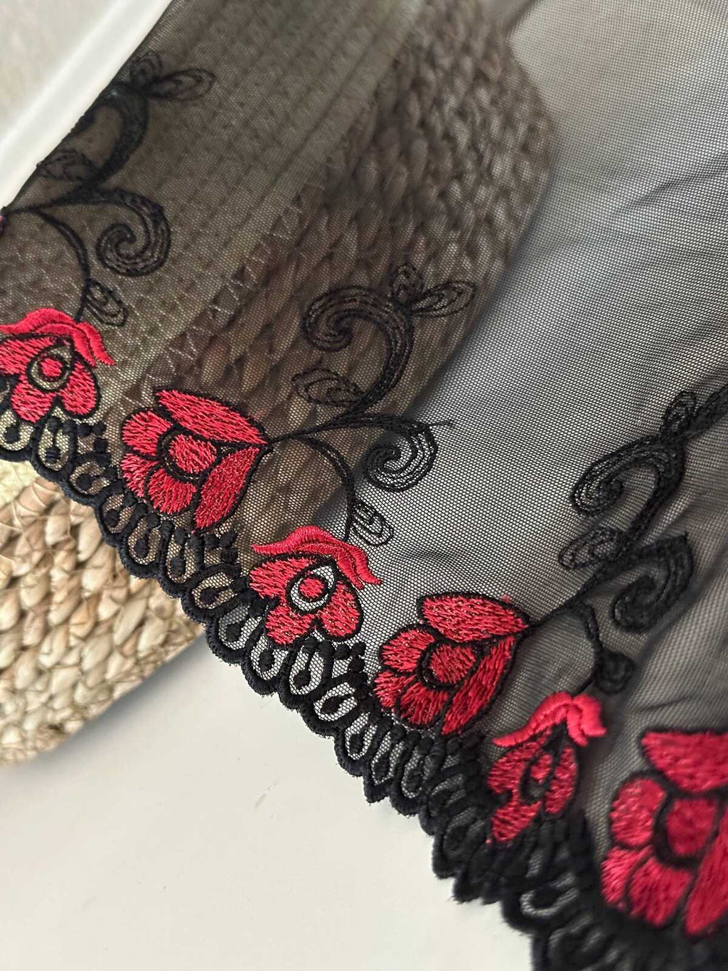 7.5"  Red Black Embroidered Soft Mesh Lace, Wide Ribbon, Bulk Clearance Coquette Y2K Lace, Lingerie, DIY Sewing, Retail Wholesale