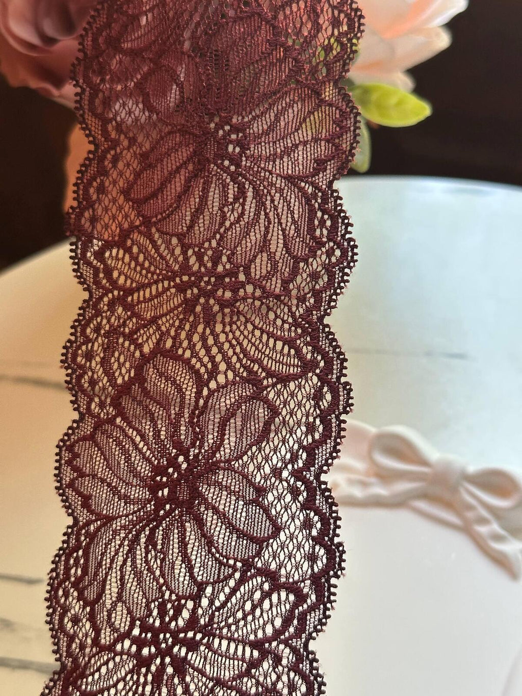 Burgundy Wine Red Floral Stretch Lace Trim by the Yard, Scalloped Elastic Ribbon for Coquette Lingerie Apparel Crafts, 2.8"