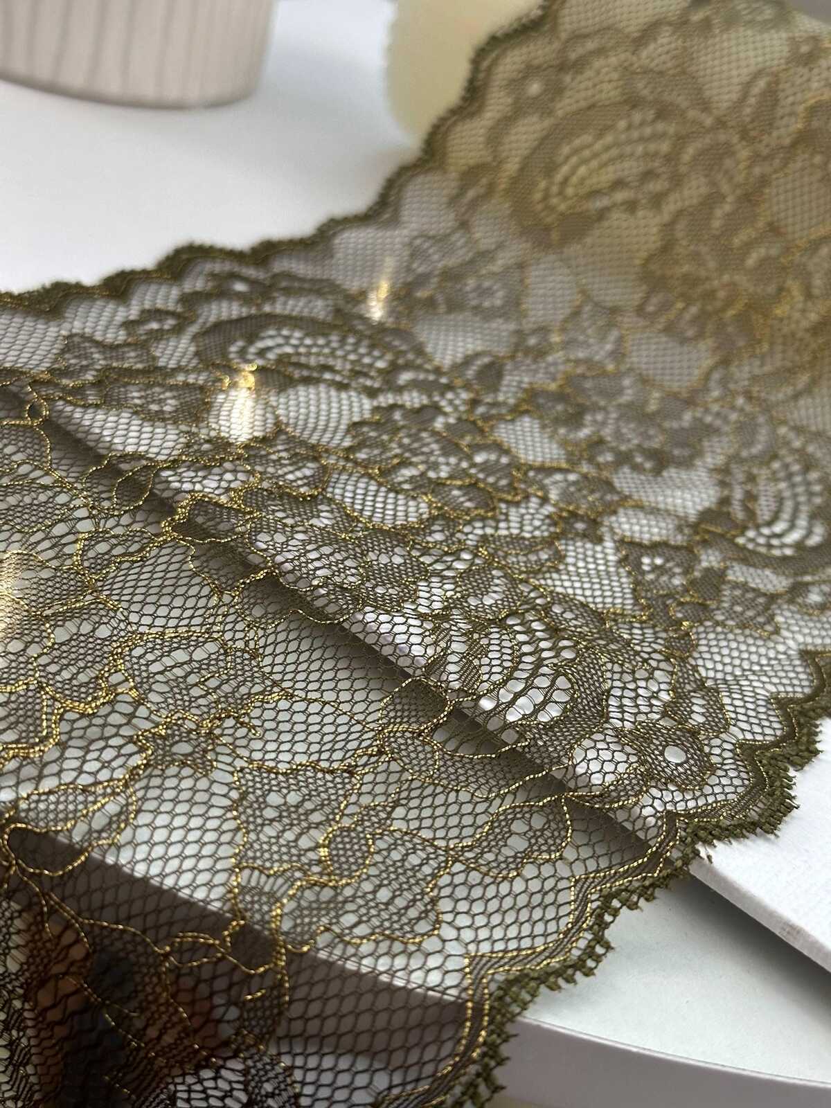 5Yds Non-Stretch 5.9" Olive Green Gold Metallic Floral Mesh Lace Wholesale