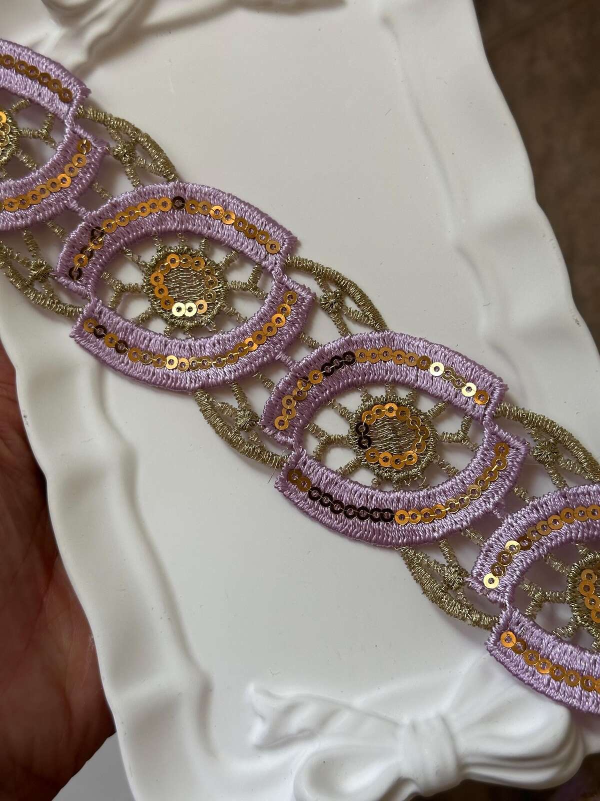 Lavender Gold Sequin Guipure Water Soluble Lace Trim Metallic Ribbon, Coquette Craft Supply, 1.5", Retail Wholesale Bulk
