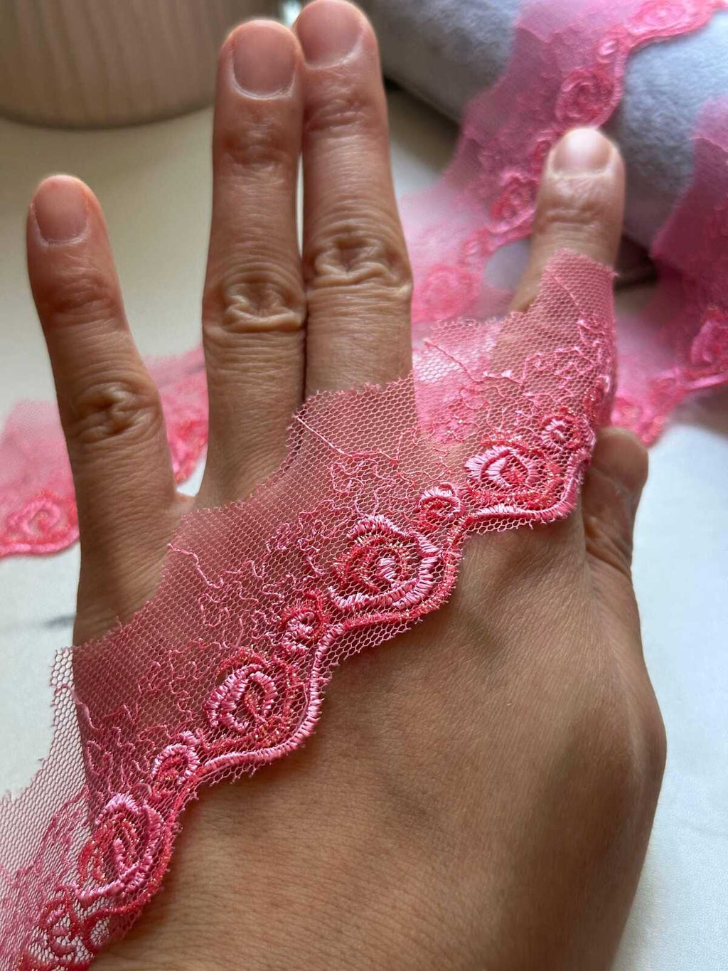 10yds Glitter Pink Rose Embroidered Mesh Organza Lace Trim by the Yard, Narrow Shimmer Metallic Ribbon for Craft Junk Journal, 1"