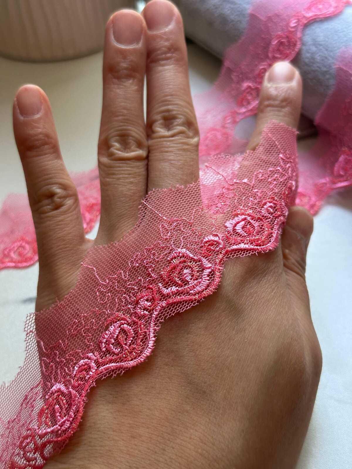 10yds Glitter Pink Rose Embroidered Mesh Organza Lace Trim by the Yard, Narrow Shimmer Metallic Ribbon for Craft Junk Journal, 1"