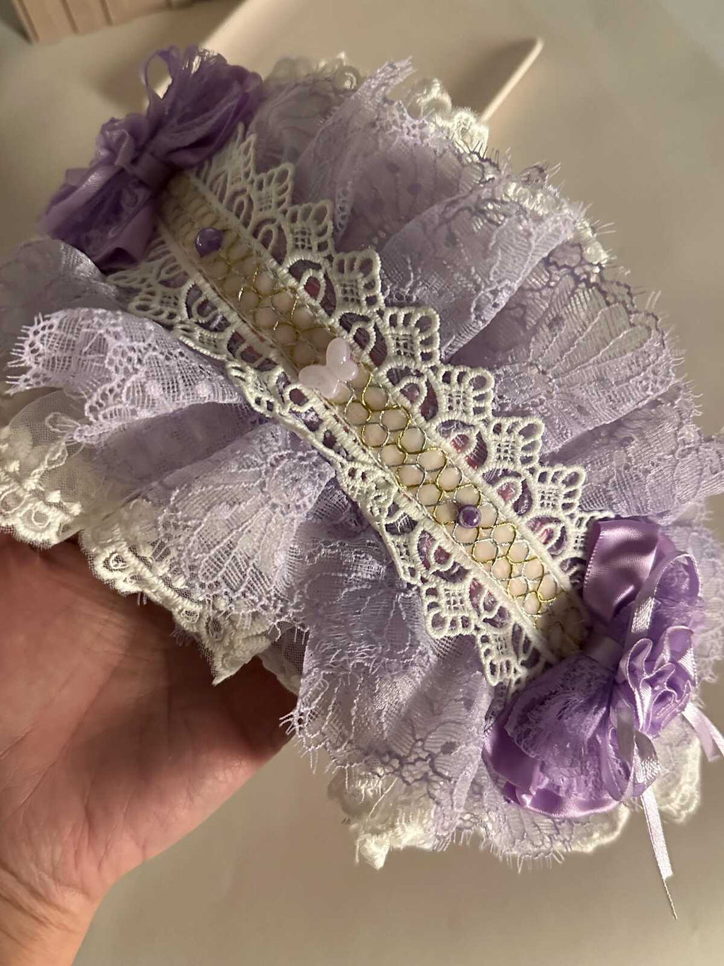 CHRISOM Handmade purple Lolita bow Handmade by My Daughter with Pearls & Sage Ribbon, Special Gift
