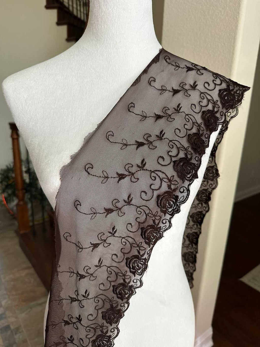 Espresso Brown Rose Embroidered Tulle Mesh Lace Trim by the Yard, Soft Wide Sheer Floral Ribbon for Lingerie Bridal Veil, 6"