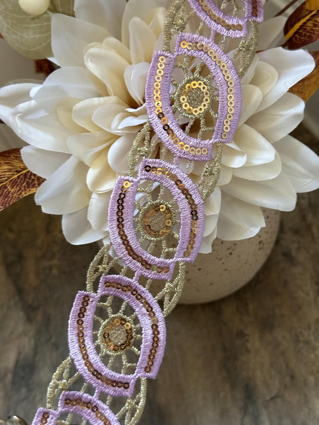 Lavender Gold Sequin Guipure Water Soluble Lace Trim Metallic Ribbon, Coquette Craft Supply, 1.5", Retail Wholesale Bulk