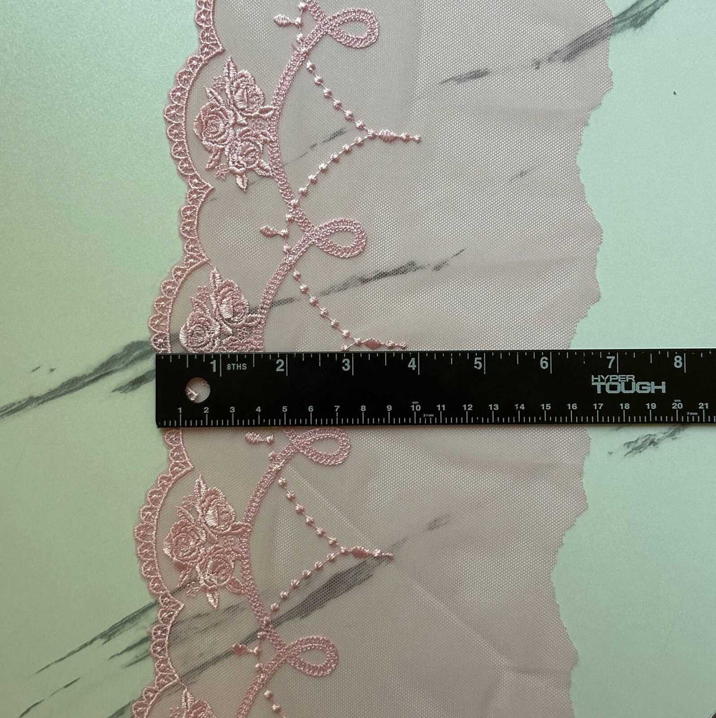 Light Baby Pink Rose Embroidered Mesh Tulle Lace Trim Symmetrical Double Scalloped Wide Galloon Ribbon for Gowns Lingerie Crafts Sewing, 6"