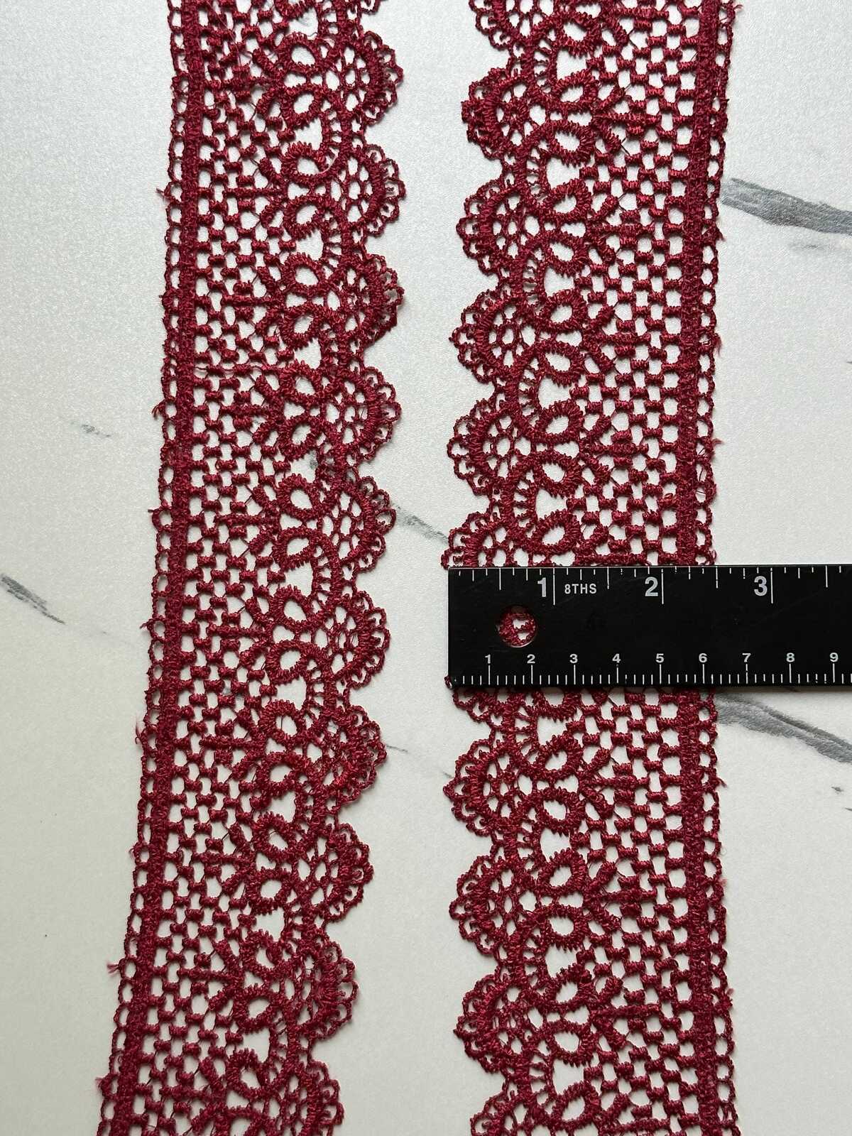 Burgundy Wine Red Venetian Guipure Chemical Water Soluble Lace Trim Symmetrical Double Scalloped Non Stretch Ribbon for Gowns Crafts, 2.5"