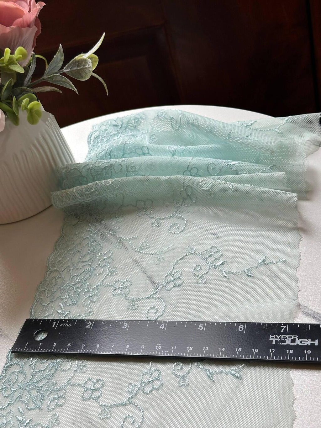 Mint Green Embroidered Tulle Lace Trim, Ultra Soft Sheer Mesh Ribbon, Coquette Craft Supply, 7", Retail Wholesale Bulk