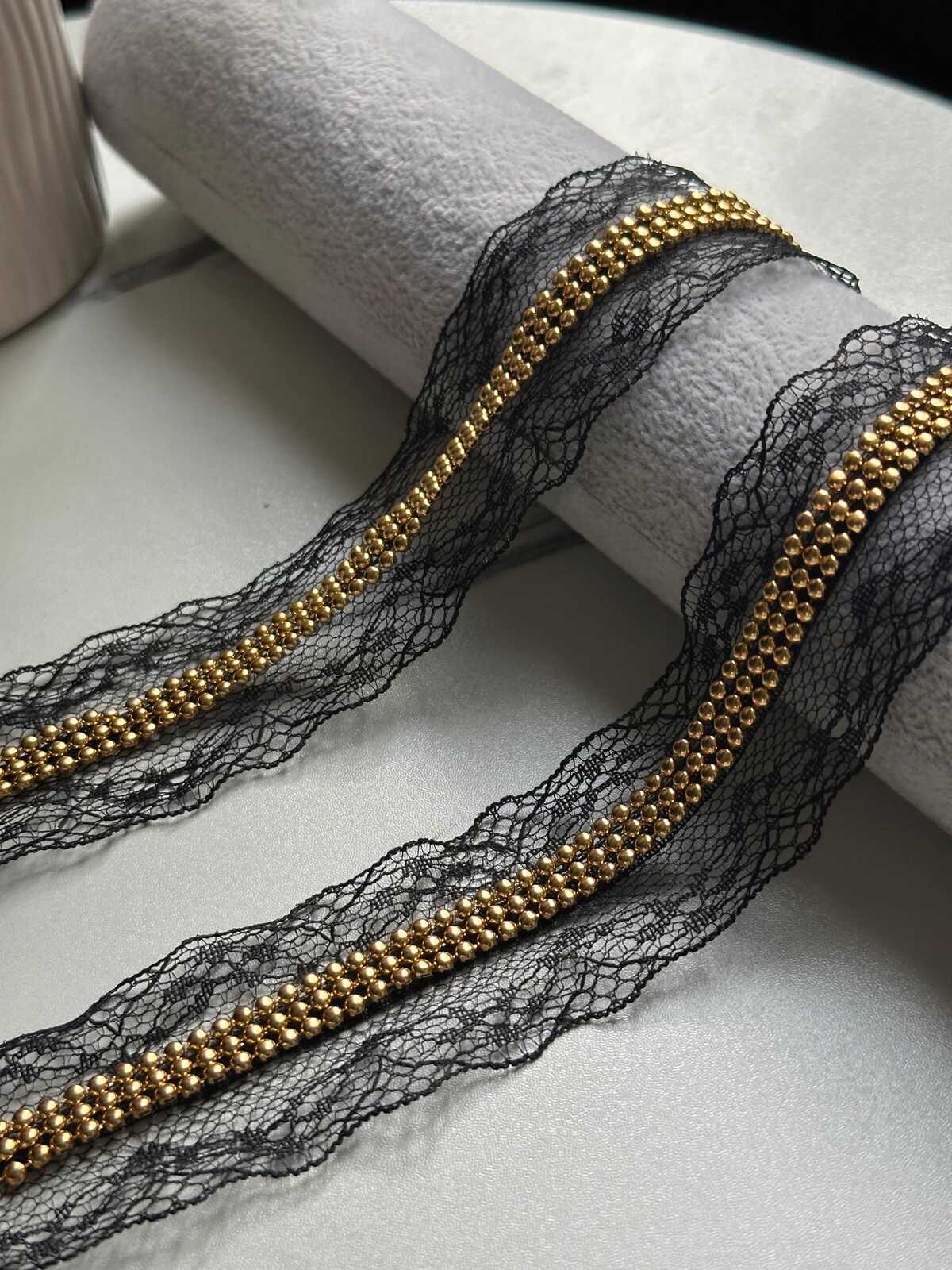 Black Wide Lace Trim by Yard, 1.5" Gold Chain Ribbon, Coquette Y2K Lace, Lingerie Lace, DIY Sewing Craft, Retail Wholesale