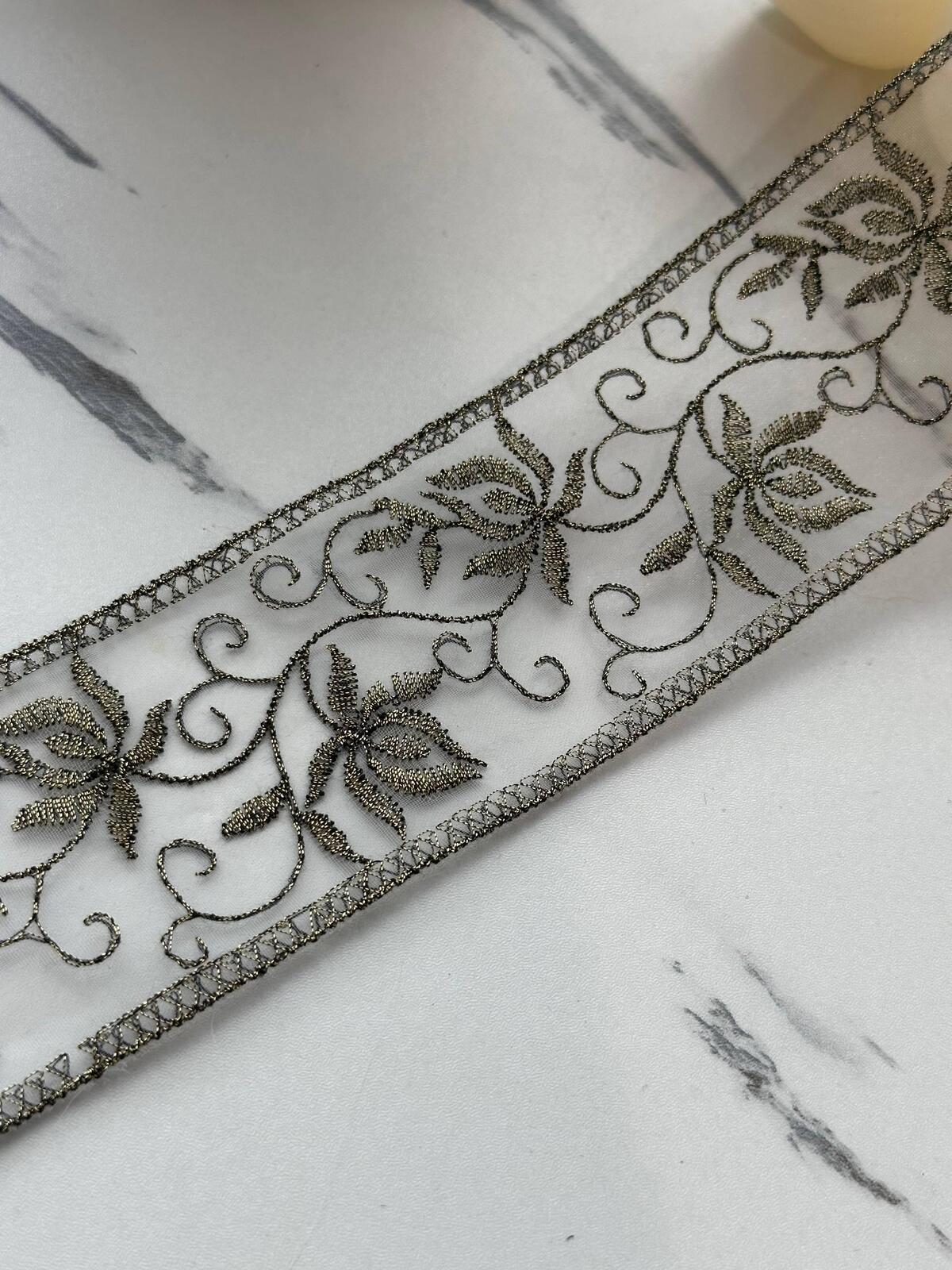 5Yds Non-Stretch 2.15" Antique Gold Floral Organza Embroidered Lace Trim