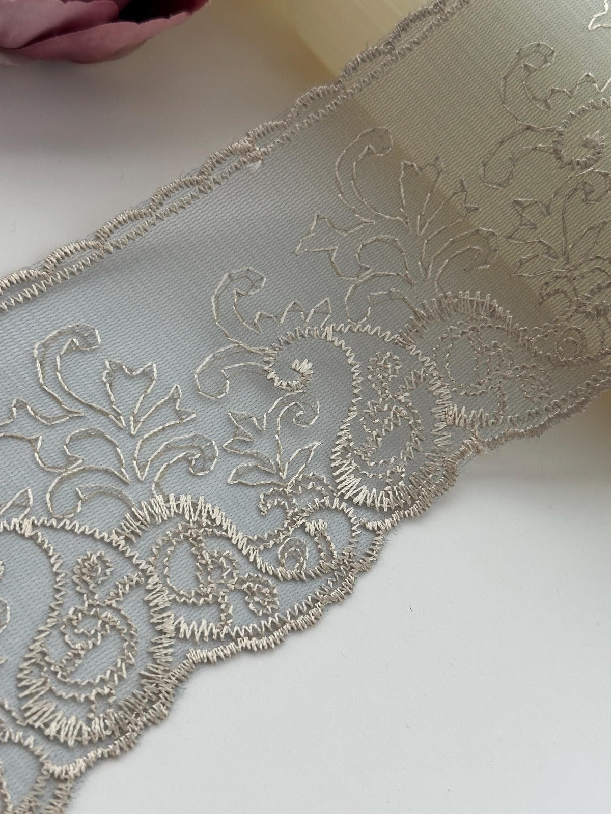 1Yd Non-Stretch 3.7" Dusty Blue Beige Embroidered Floral Mesh Lace Wholesale
