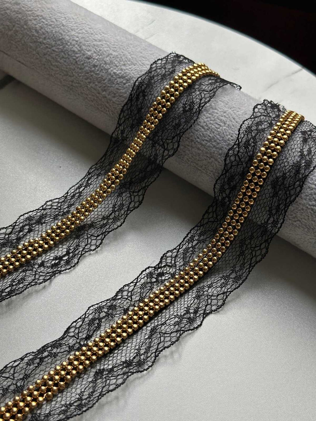 Black Wide Lace Trim by Yard, 1.5" Gold Chain Ribbon, Coquette Y2K Lace, Lingerie Lace, DIY Sewing Craft, Retail Wholesale