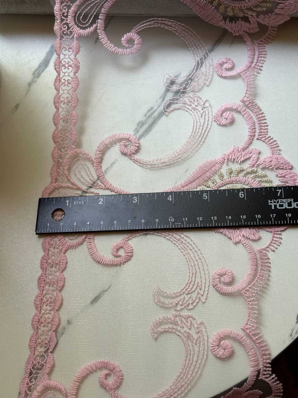 Dusty Pink Gold Embroidered Organza Lace Trim by the Yard, Wide Structured Scroll Ribbon for Curtain Pillow Home Decor Crafts, 7.2"