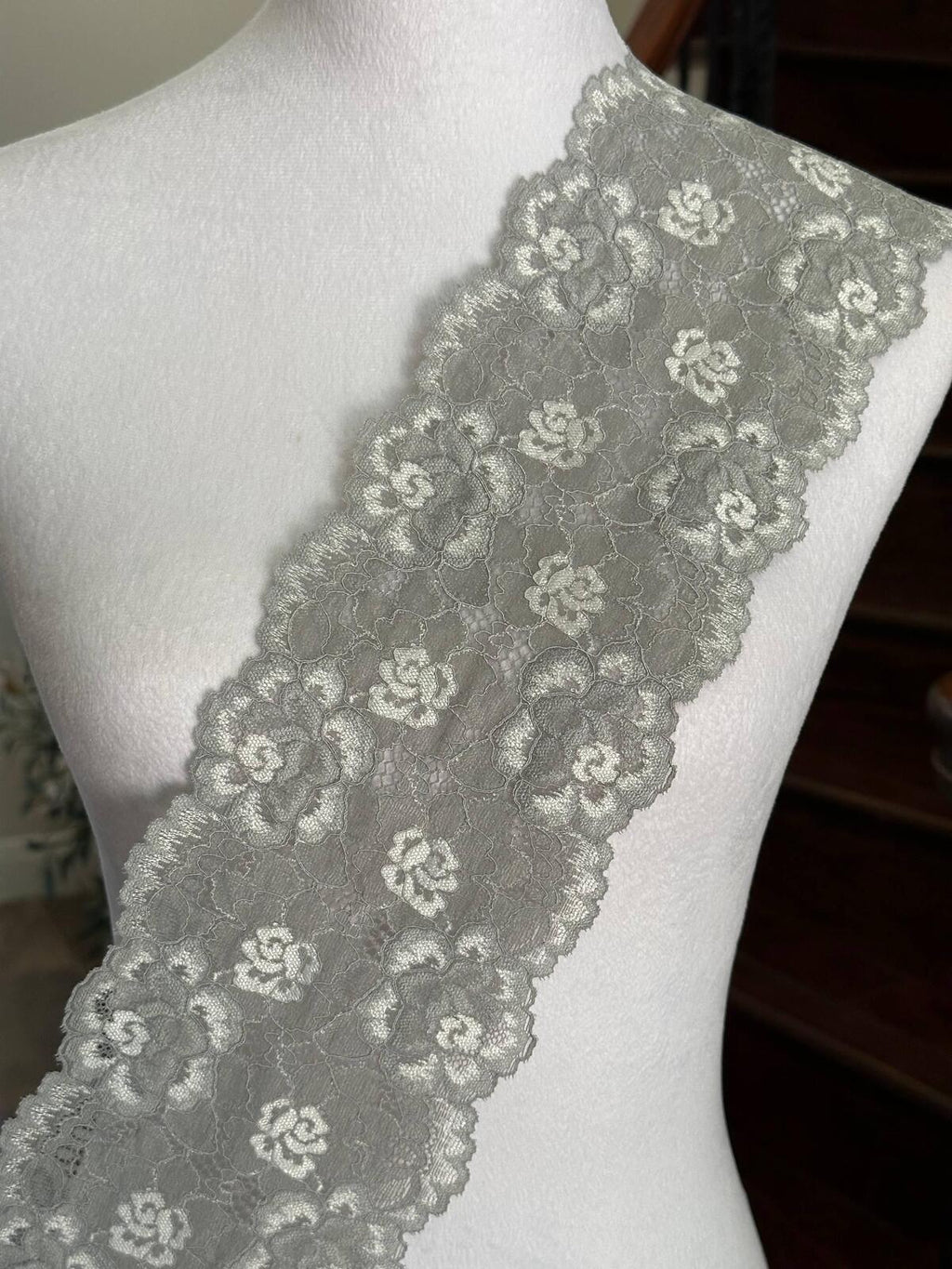 Silver Grey Corded Rose Floral Lace Trim by the Yard, Structured Slight Stretch Ribbon for Crafts, 5", Retail Wholesale Bulk